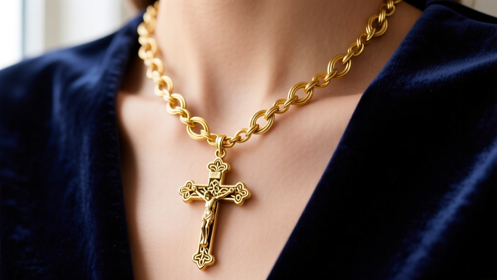 Macro shot of a 14k yellow gold rosary necklace women wear on velvet, showing wire-wrapped links and a detailed crucifix.