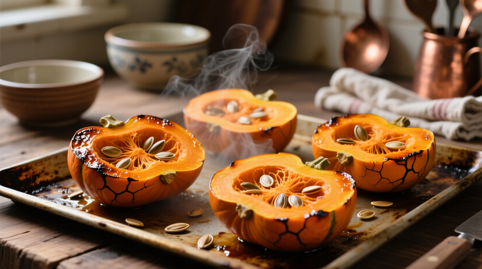 Roasted pumpkin halves on baking sheet