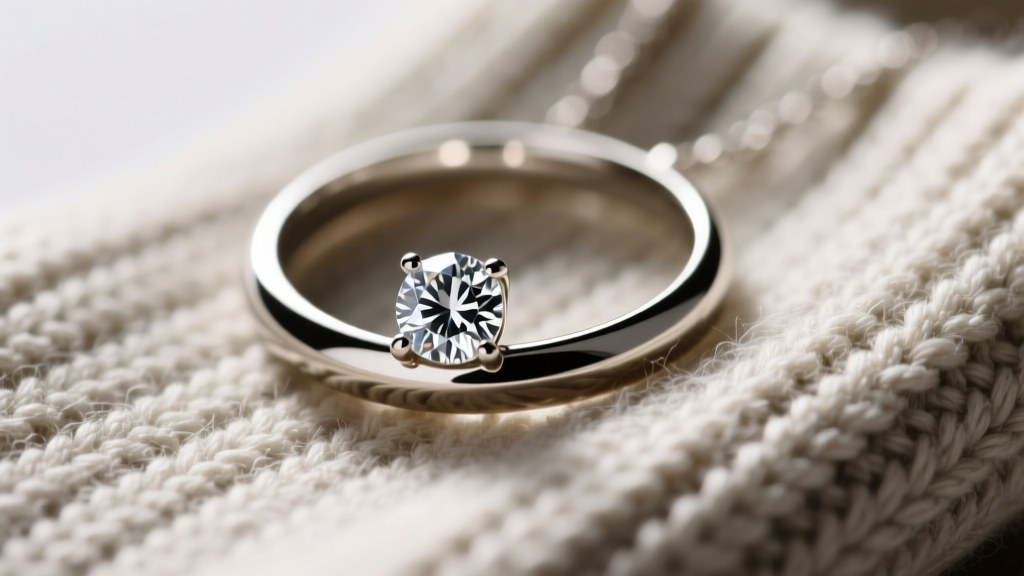 Close-up of a bezel set diamond pendant on a knit sweater, highlighting the smooth metal rim securing the gemstone safely