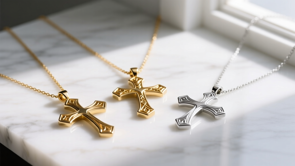 Three designer cross necklaces in gold and silver laid flat on white marble, illuminated by soft, diffused natural window light.