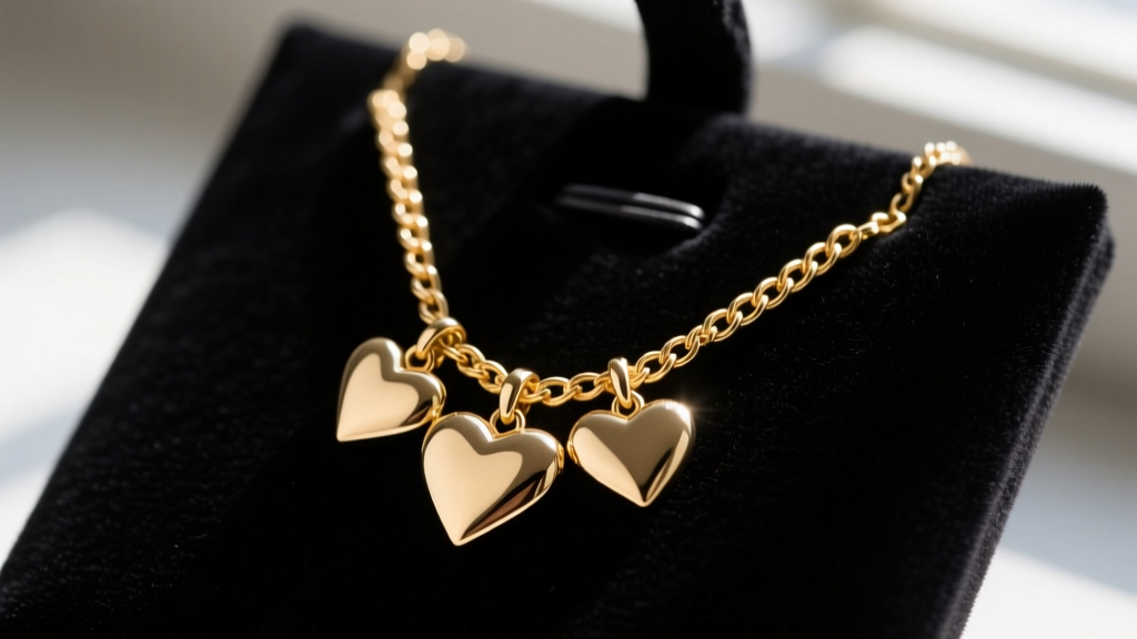 Close-up of a 14k gold cable chain holding three small interlocking heart pendants, resting on a dark velvet jewelry display pad.