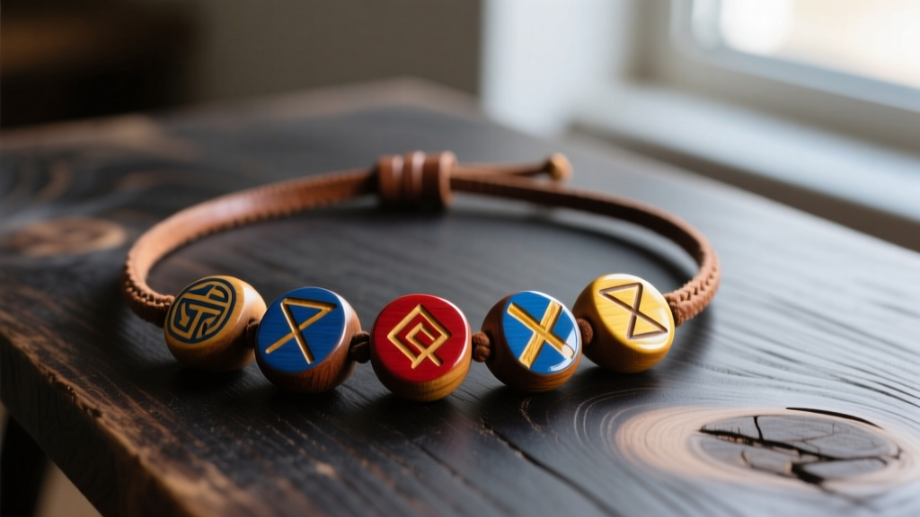 Rustic brown leather cord necklace with five hand-painted wooden beads showing bright Greek symbols on a dark oak table.