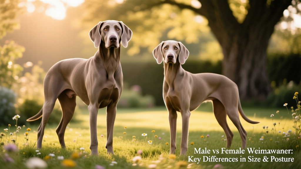 Side-by-side comparison of a male and female Weimaraner standing calmly, highlighting size and posture differences