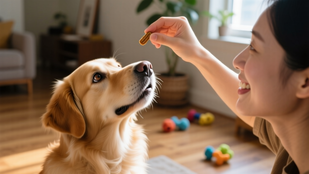 Hand holding a treat near the owner's eyes while dog looks up attentively