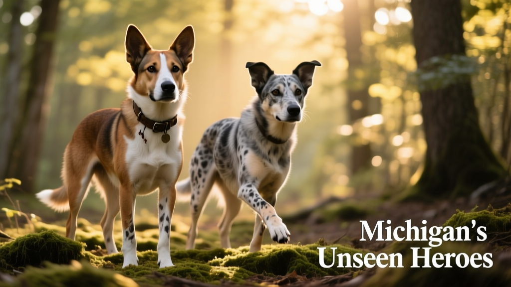 Two medium-sized mixed-breed dogs standing alert in a wooded area, ears perked and focused