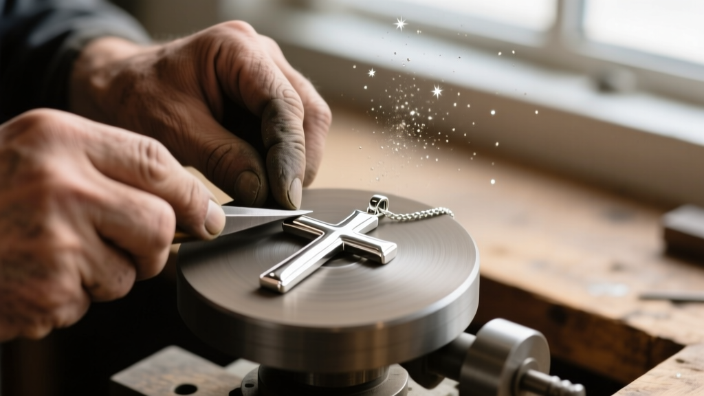 Close-up of a silversmith polishing a horizontal silver cross pendant on a motorized wheel, revealing a bright mirror finish.