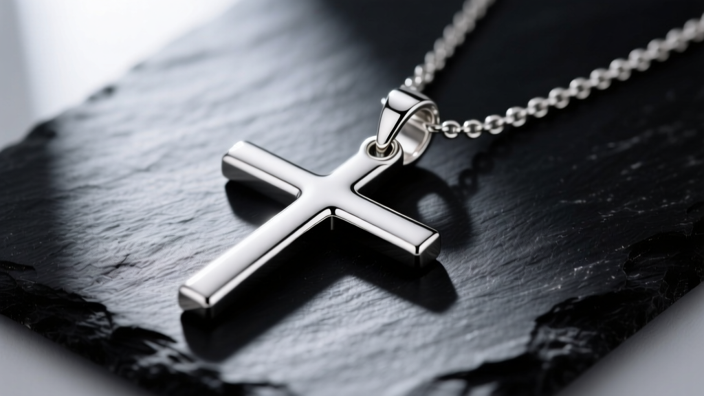 Macro shot of a polished 925 sterling silver sideways cross necklace on dark slate, highlighting horizontal arms and hidden bail.