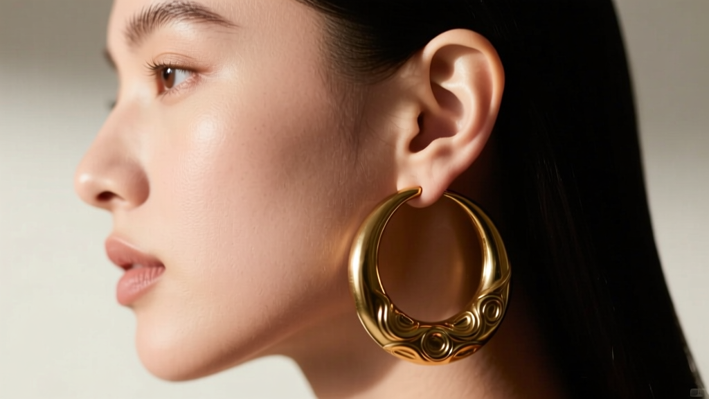 Side profile of a woman wearing a heavy, oversized brass hoop earring that visibly pulls and stretches the lower earlobe tissue.