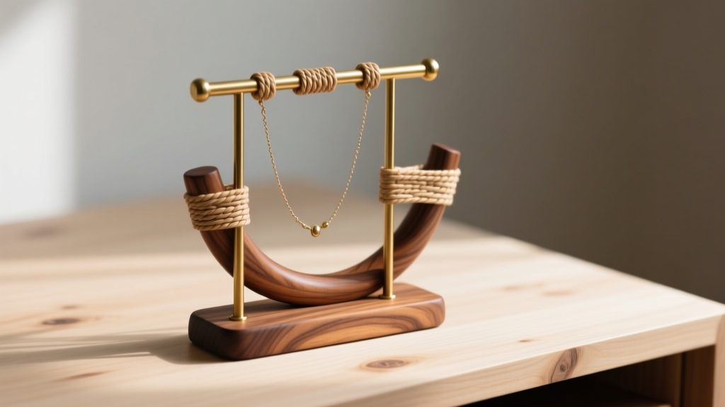 Close-up of a bentwood DIY jewelry stand showing walnut curves and rattan lashings securing vertical brass rods on a wooden desk