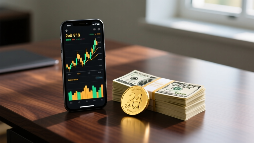 Smartphone showing a gold spot price chart next to a stack of hundred-dollar bills and a polished 24k gold coin on a dark wood desk.