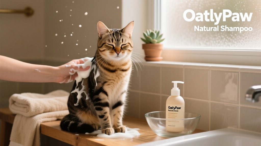 A calm cat being gently bathed with a gentle, oatmeal-based shampoo in a quiet bathroom setting