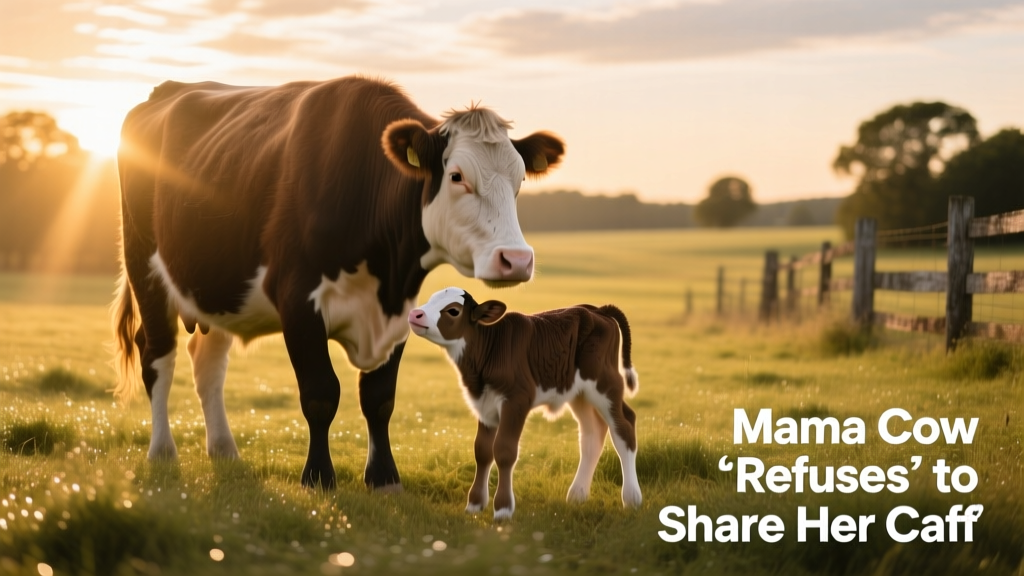 Phoenix the cow standing close to her newborn calf in a sunlit pasture, head lowered protectively