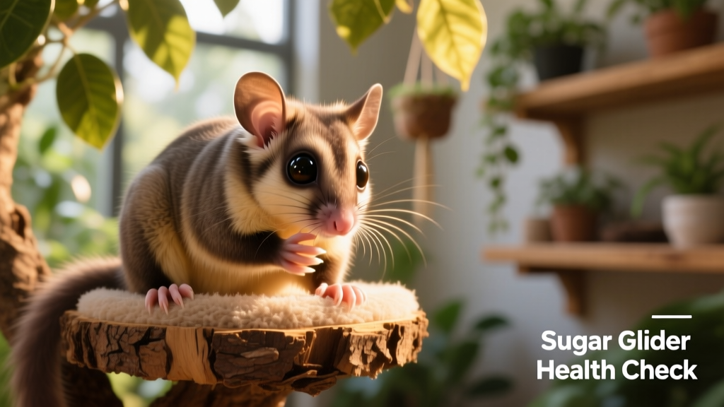 Close-up of a healthy sugar glider grooming itself on a soft perch
