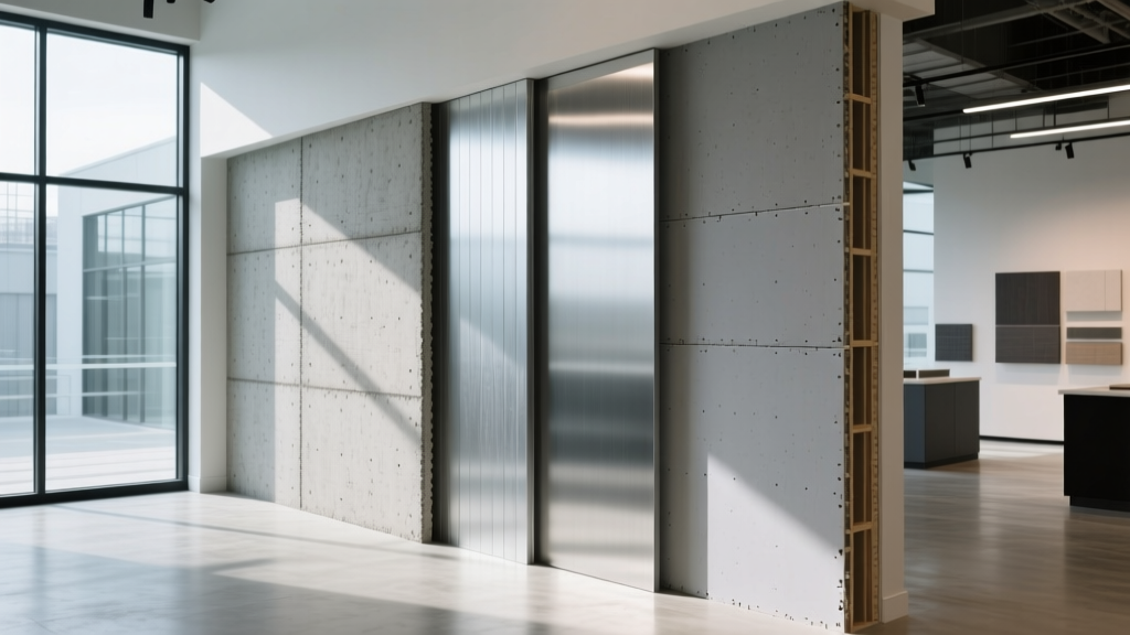 Cross-section display of modern wall assemblies showing cement board, magnesium oxide panels, and traditional drywall in a well-lit construction showroom