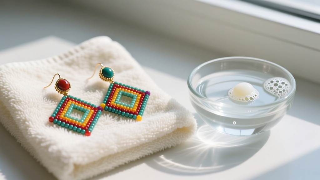 Brick-stitch beaded earrings laid flat on a microfiber towel next to a small glass bowl of distilled water and mild liquid soap
