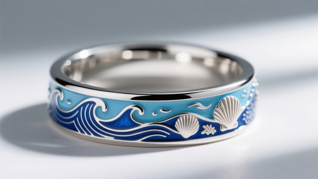 Side profile of a wide mermaid ring showing a comfort-fit interior and precise blue enamel detailing on an ocean motif.