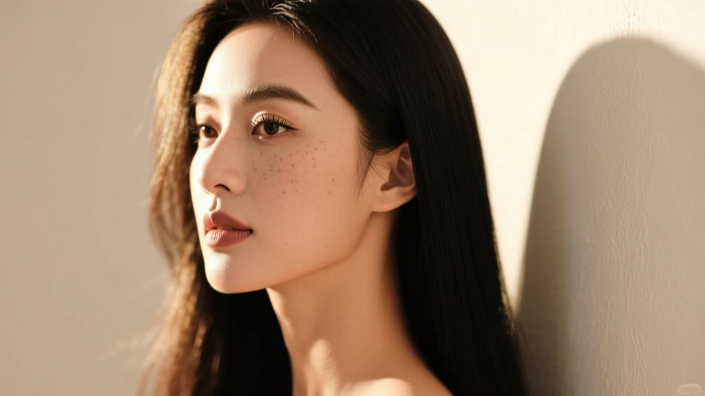 Side profile of a woman's ear wearing a polished medical-grade titanium huggie earring, illuminated by soft warm studio lighting.