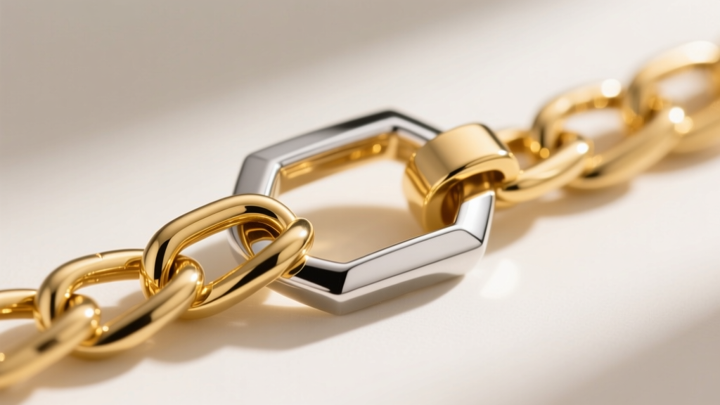 Macro shot of a gold vermeil chain link, revealing the sterling silver base metal at the edge of a sculptural jewelry clasp.