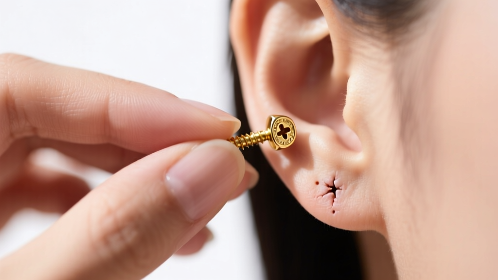 Macro shot of hands using a rubber grip to twist a stuck 14k gold screw earring off a healed lobe piercing under bright lighting