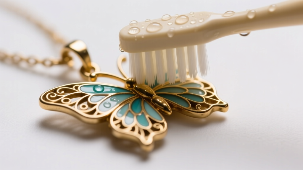 Soft toothbrush scrubbing a brass butterfly pendant filigree with mild soap, avoiding the delicate painted enamel sections.