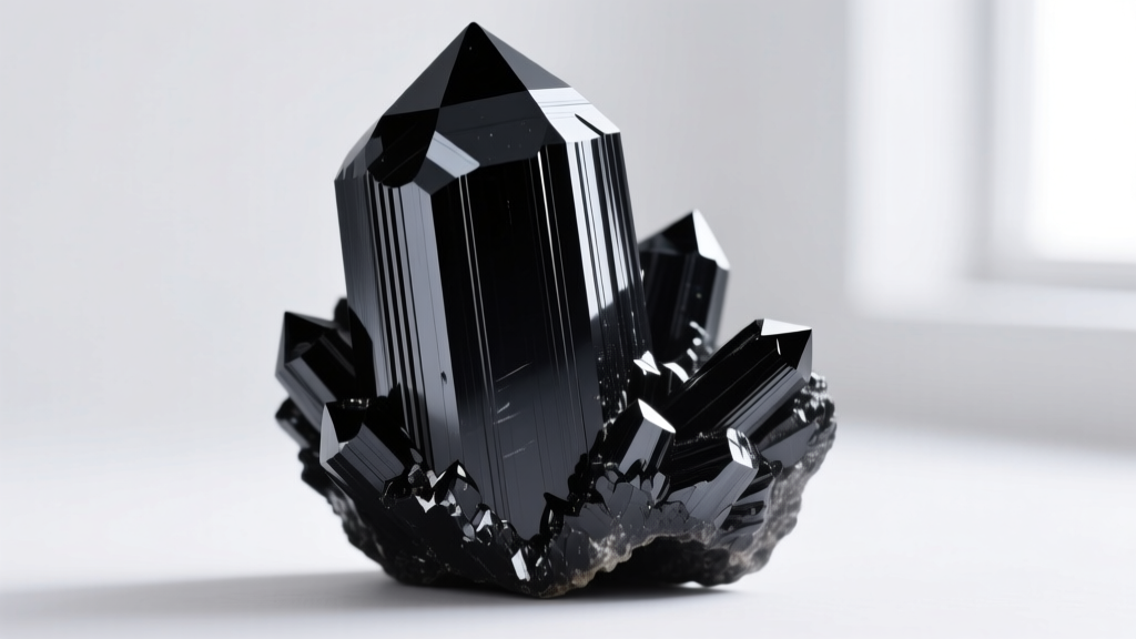 Extreme macro close-up of raw black tourmaline showing distinct vertical striations and natural ridges along crystal edges.