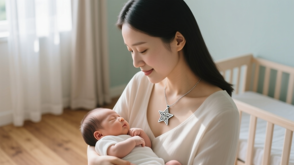 Mother wearing a delicate sterling silver star book necklace, looking down at a sleeping newborn in a softly lit nursery