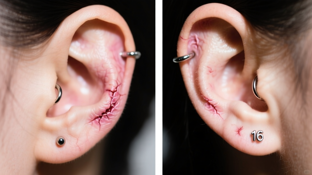 Macro split shot of a healing 14-gauge earlobe piercing beside a 16-gauge auricle cartilage piercing, showing tissue textures