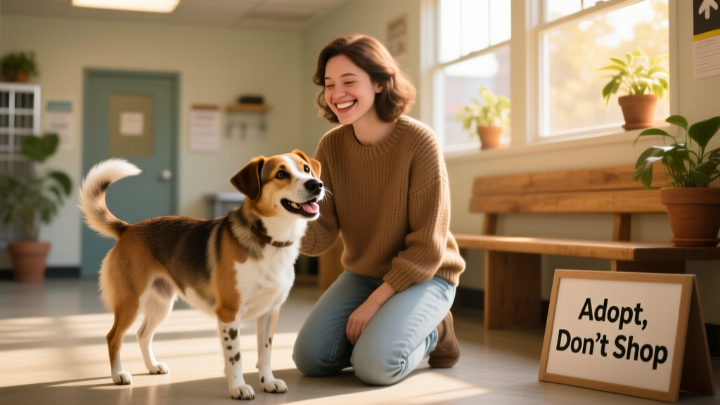 A smiling person kneeling beside a happy, medium-sized mixed-breed dog in a sunny adoption center