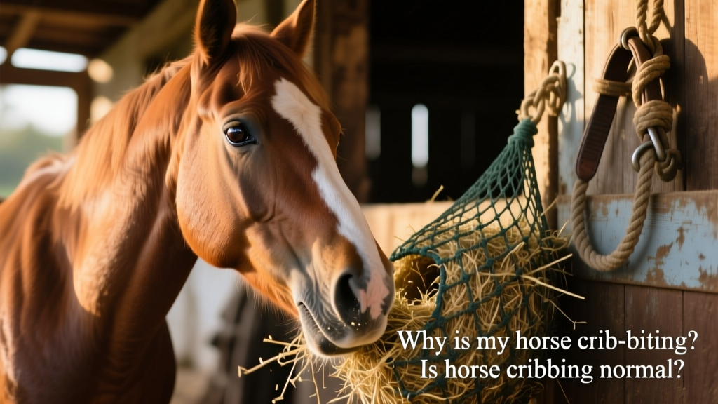 Close-up of a horse using a slow-feeder hay net, calmly nibbling through the small openings