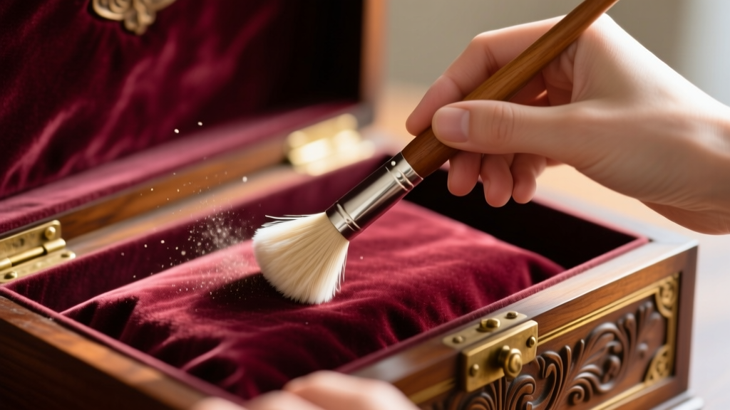 Close-up of hands using a soft microfiber brush to clean the faded burgundy velvet interior of an antique wooden jewelry case.