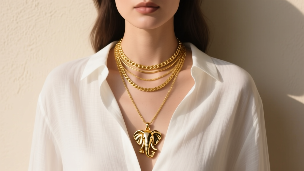 Woman wearing a layered necklace stack with a 16-inch gold chain and 20-inch elephant pendant over a crisp white linen shirt