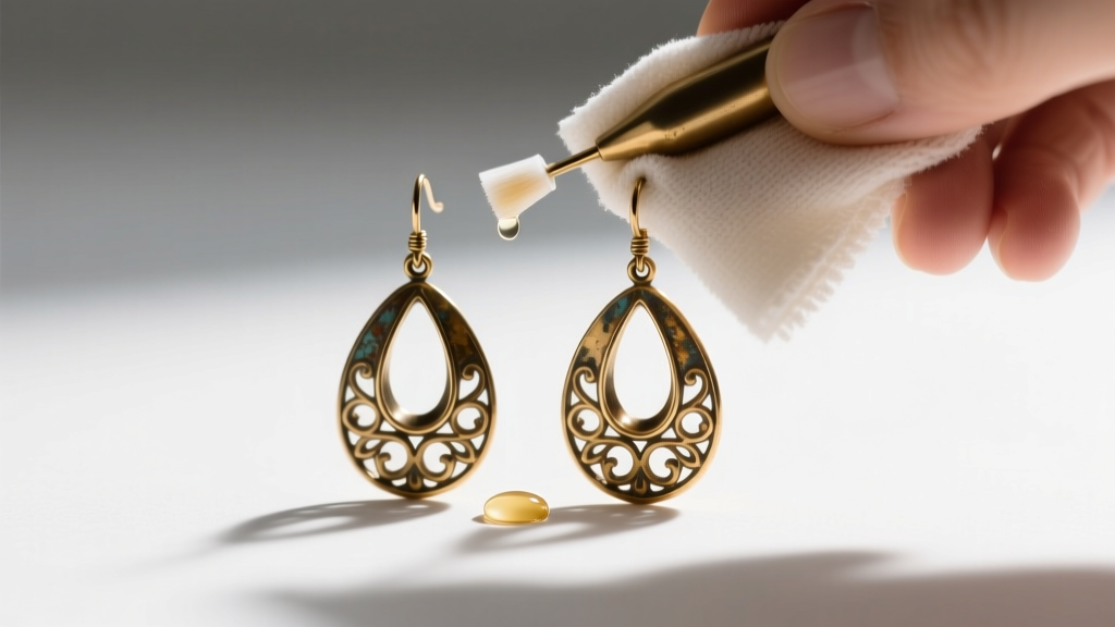 Tarnished brass-based drop earrings polished with a microfiber cloth and specialized jewelry cleaning solution in a bright studio