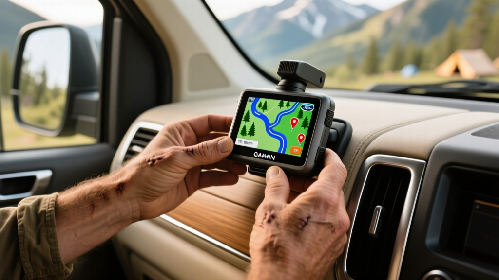 Close-up of a camper hands mounting a Garmin RV 1095 GPS navigator onto the dashboard of a Ford Transit camper van, showing a custom RV routing map.
