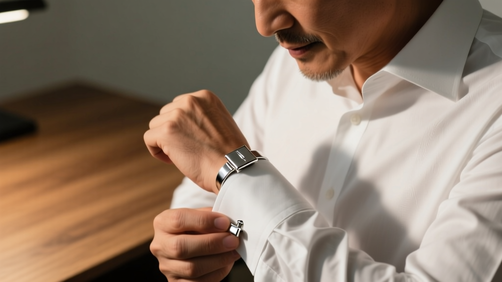 Close-up of a man fastening a rhodium silver cufflink on a crisp white French-cuff shirt under warm, directional desk lighting.