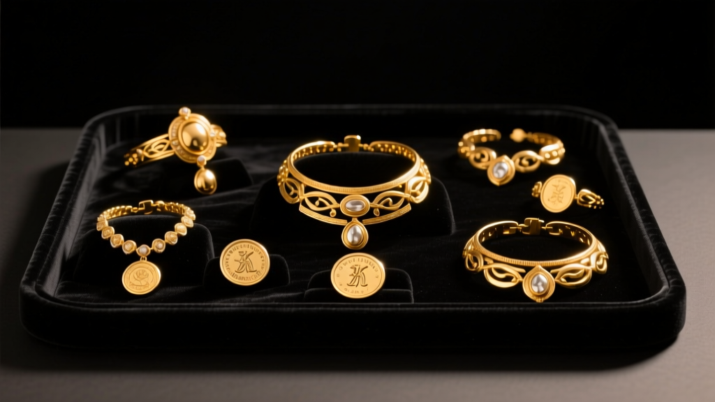 Vintage European gold jewelry showing distinct assay hallmarks, arranged on a dark velvet tray under warm directional lighting