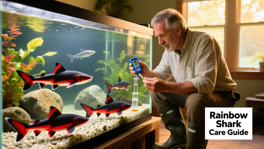 Aquarium keeper performing routine water testing and partial water change for a Rainbow Shark tank