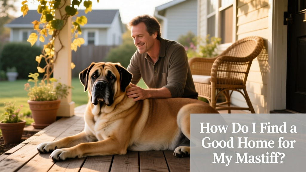 A calm, well-groomed Mastiff sitting beside a loving adult on a sunlit porch