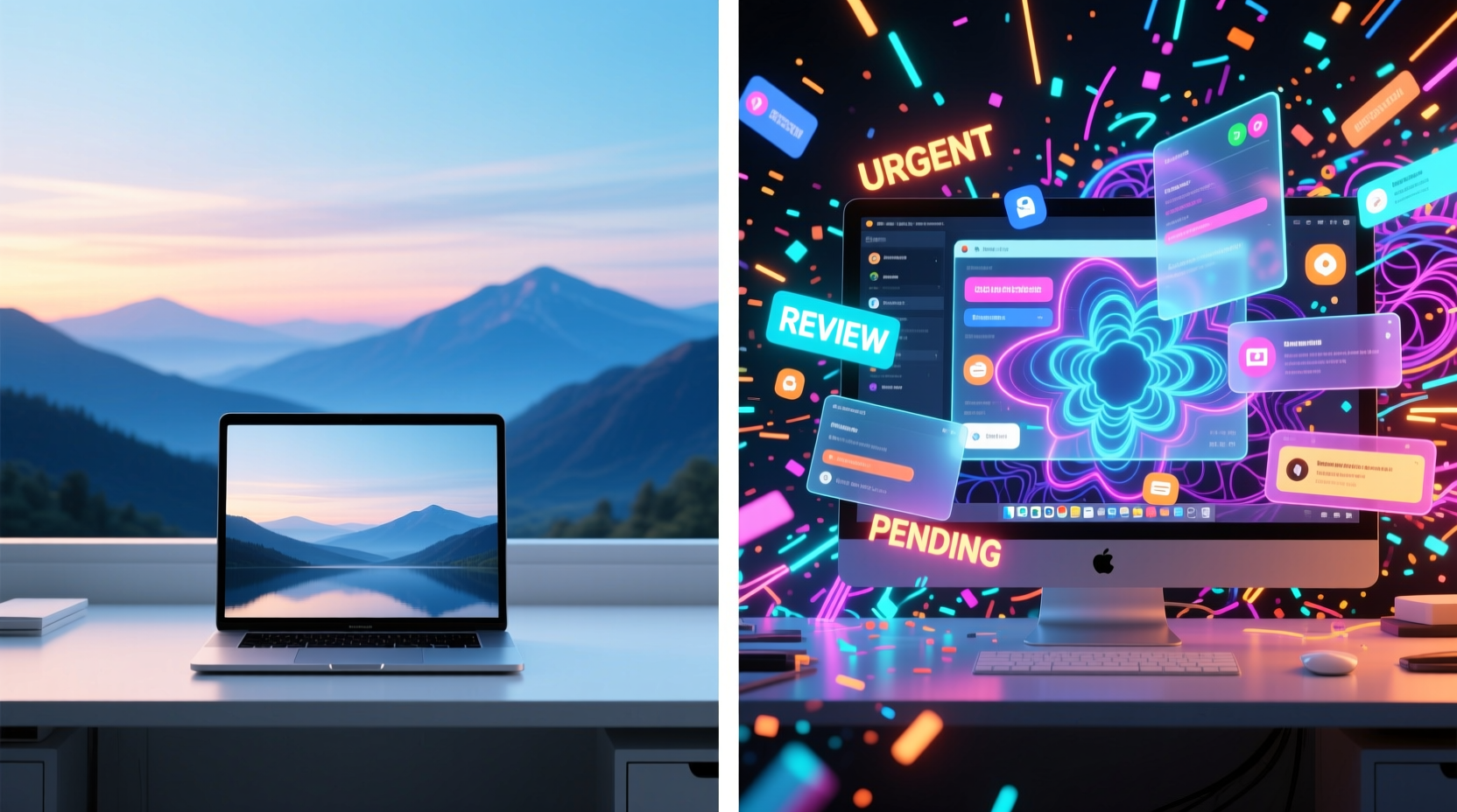 Side-by-side comparison: left shows a clean desktop with a serene, high-res static landscape; right shows the same desktop cluttered with animated particles, floating text, and overlapping UI elements—visually illustrating cognitive load versus visual calm