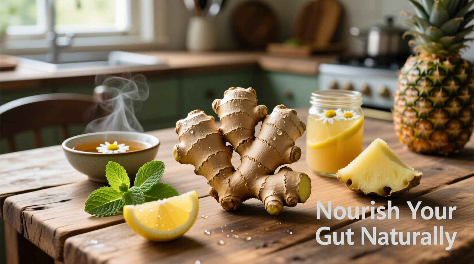 Ginger root and digestive-friendly foods on wooden table
