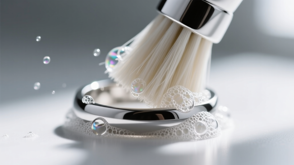 Soft nylon brush cleaning a platinum ring pavilion, with microscopic soap suds lifting away trapped skin oils and fine dust debris.