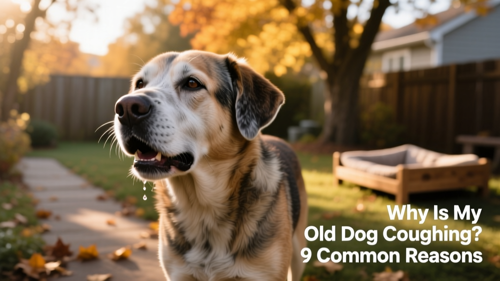 Senior dog standing outdoors, looking alert but slightly tense, as if mid-cough