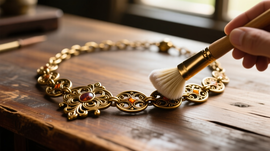 Tarnished brass fantasy necklace chain cleaned with a soft brush and non-toxic solution on a wooden desk in warm natural light.