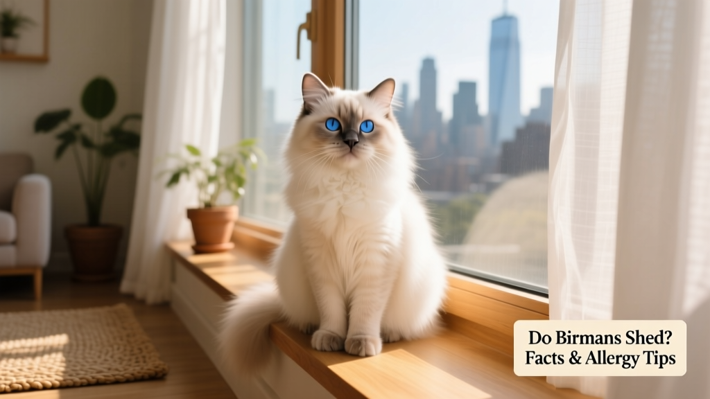 A serene Birman cat sitting gracefully on a sunlit windowsill, showcasing its soft, medium-length coat and striking blue eyes