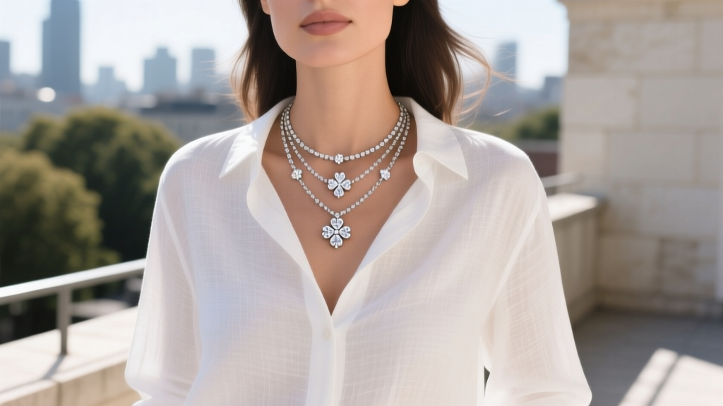 Woman wearing a layered 16-inch and 18-inch diamond clover necklace set over a crisp white linen shirt, bright outdoor lighting.