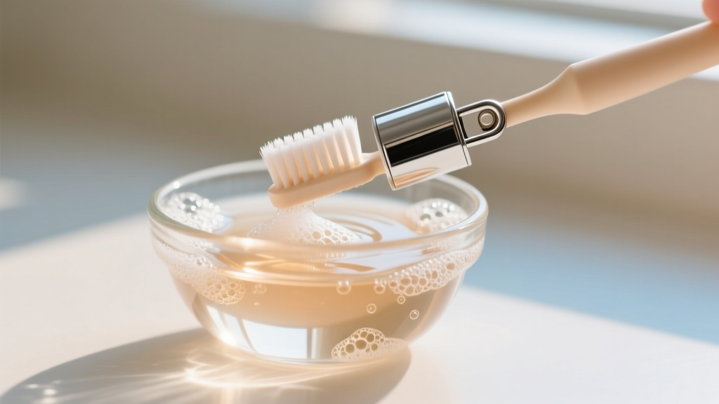 Small glass bowl containing warm soapy water and a soft-bristled baby toothbrush gently scrubbing a silver clip-on adapter.