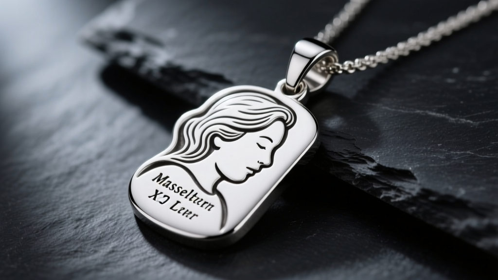 Side profile of a sterling silver mother pendant showing laser-engraved names and thick metal backing against a dark slate background