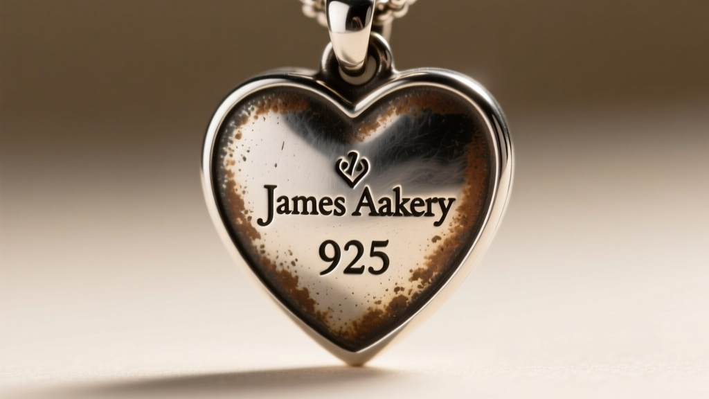 Macro shot of the James Avery maker mark and 925 stamp on the back of a vintage heart pendant, showing slight oxidation