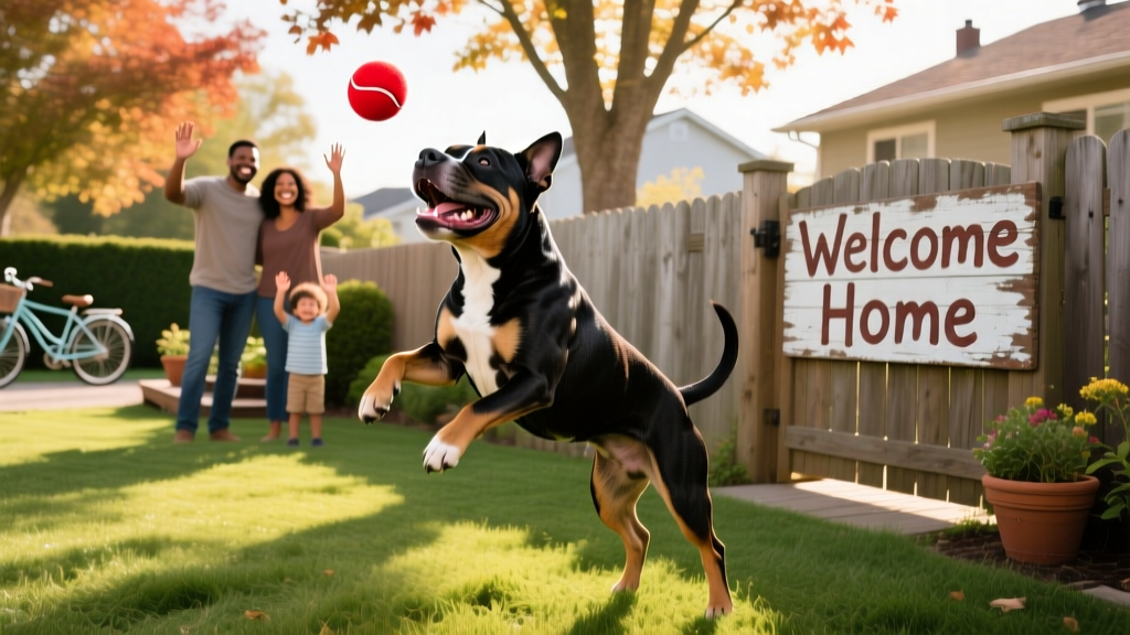 A joyful American Staffordshire Terrier playing fetch in a fenced backyard with their new family