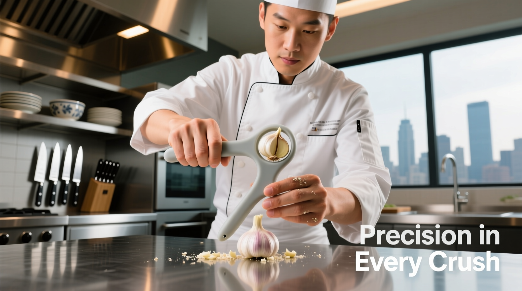 Professional chef using silicone garlic holder