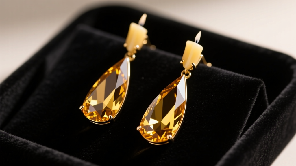 Elongated imperial topaz candle drop earrings resting on a dark velvet jewelry tray under soft, warm studio lighting